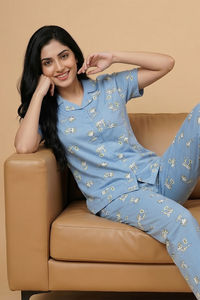 Zivame Farm Lore Knit Cotton Pyjama Set - Glaciar Lake — thumbnail 4